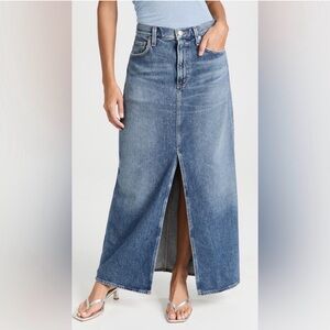 Agolde Leif Blue Medium Wash Denim Maxi Skirt with front slit.
